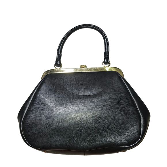 Vintage Black Leather Handbag with Snap Shut Kisslock Entry Medium - Picture 2 of 7